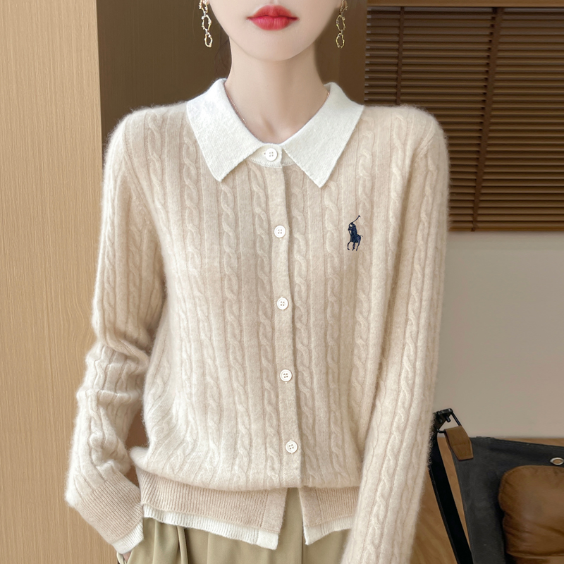 翻领假两件羊毛针织开衫外套女秋冬新款短款宽松显瘦毛衣外搭上衣