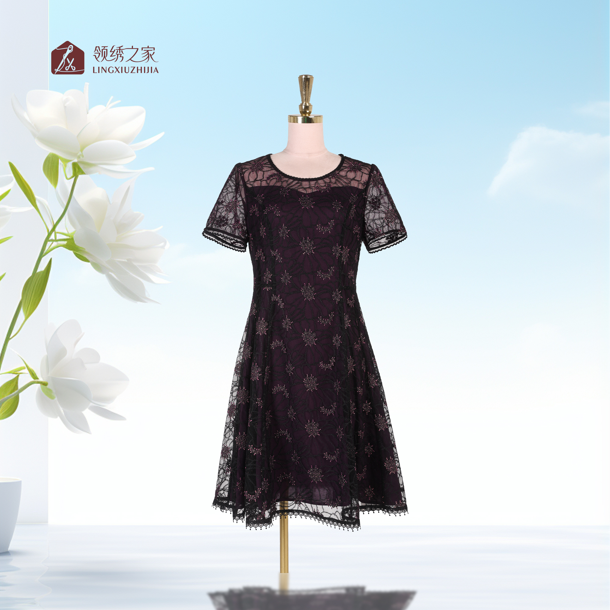 【绣系列.紫韵绣梦】小个子短款绣花连衣裙显瘦#L702610H时尚洋气