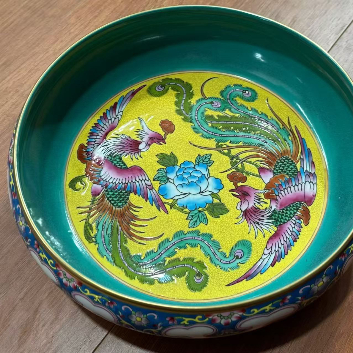 珐琅彩手绘满工双凤水洗笔洗茶洗