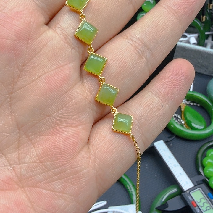 和田玉（碧玉）手链银S925镀金镶嵌