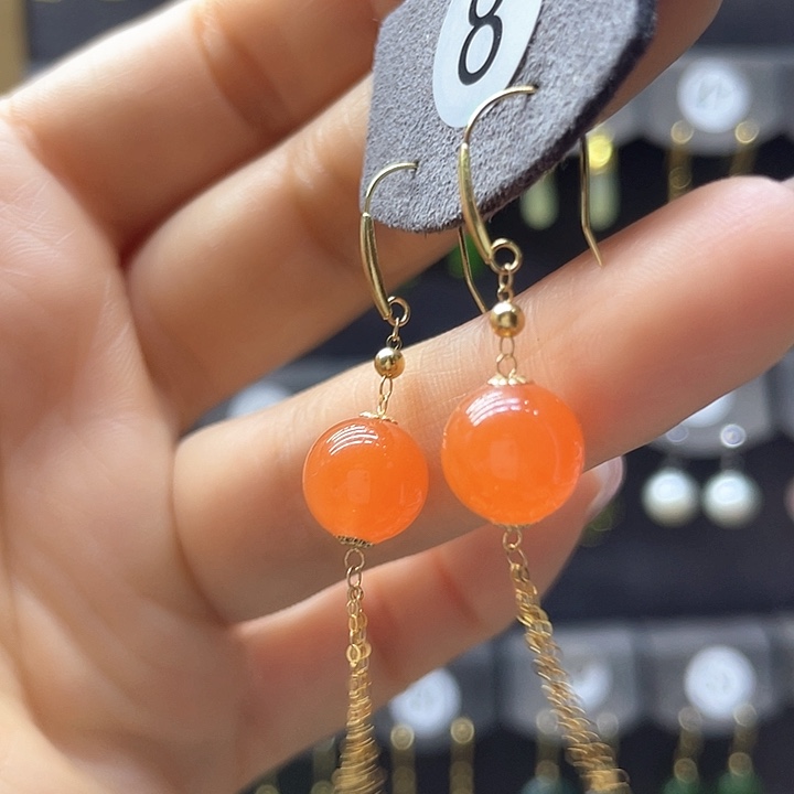 南红玛瑙18K金镶嵌耳饰