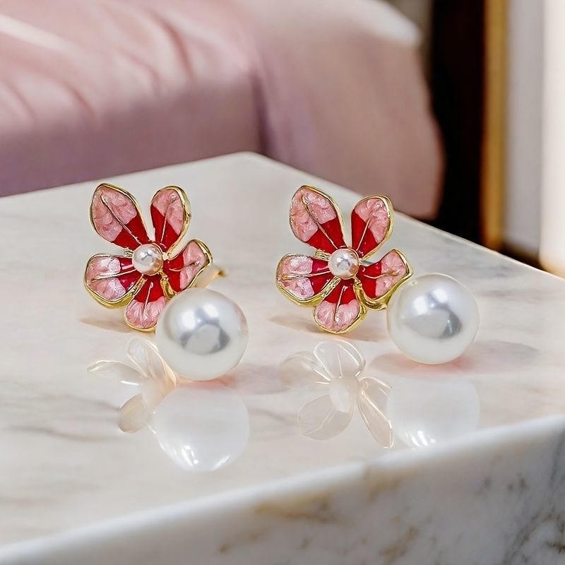 合金珐琅耳饰 花朵珍珠耳钉气质甜美轻奢时尚百搭少女复古A040