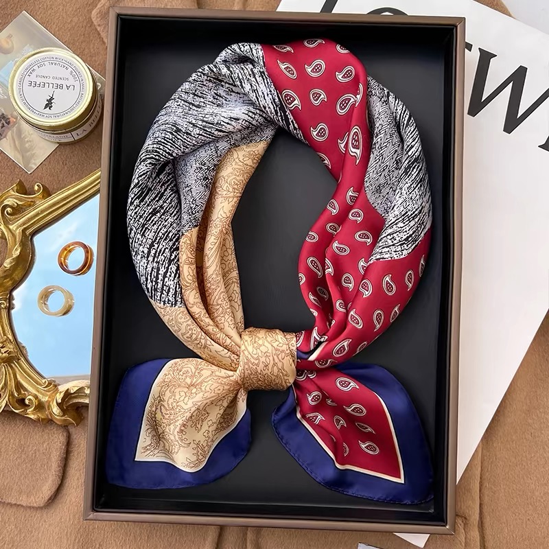 藏青腰果u184精致百搭高定轻奢70*70仿真丝