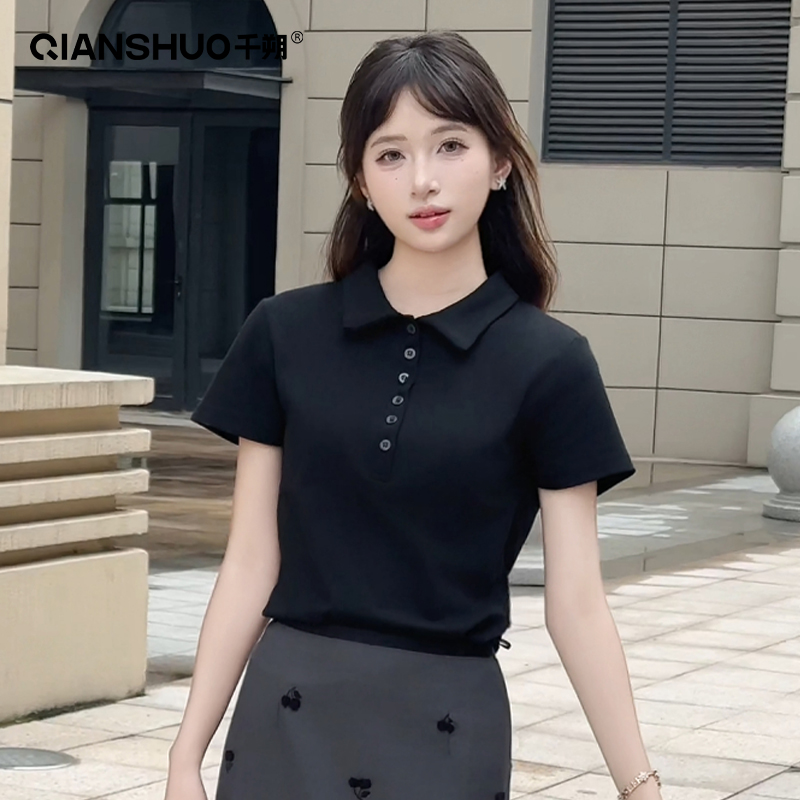 千朔正肩轻奢polo衫短袖t恤女春夏时尚老钱风百搭上衣修身显瘦商品图