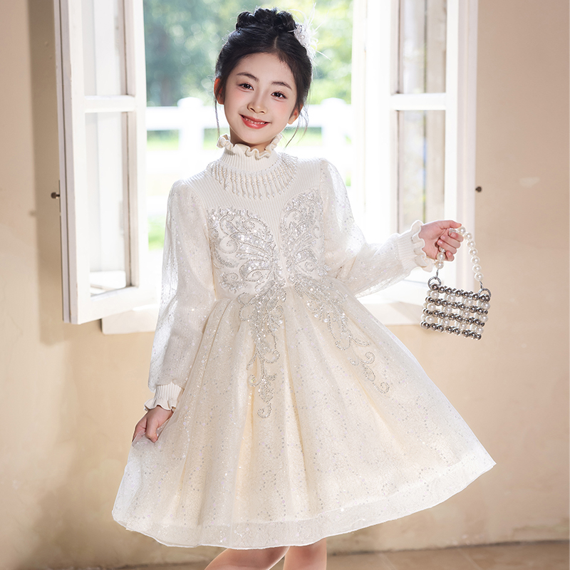 生日花童礼服裙女童秋冬加厚公主裙小女孩高端裙子主持钢琴演出服