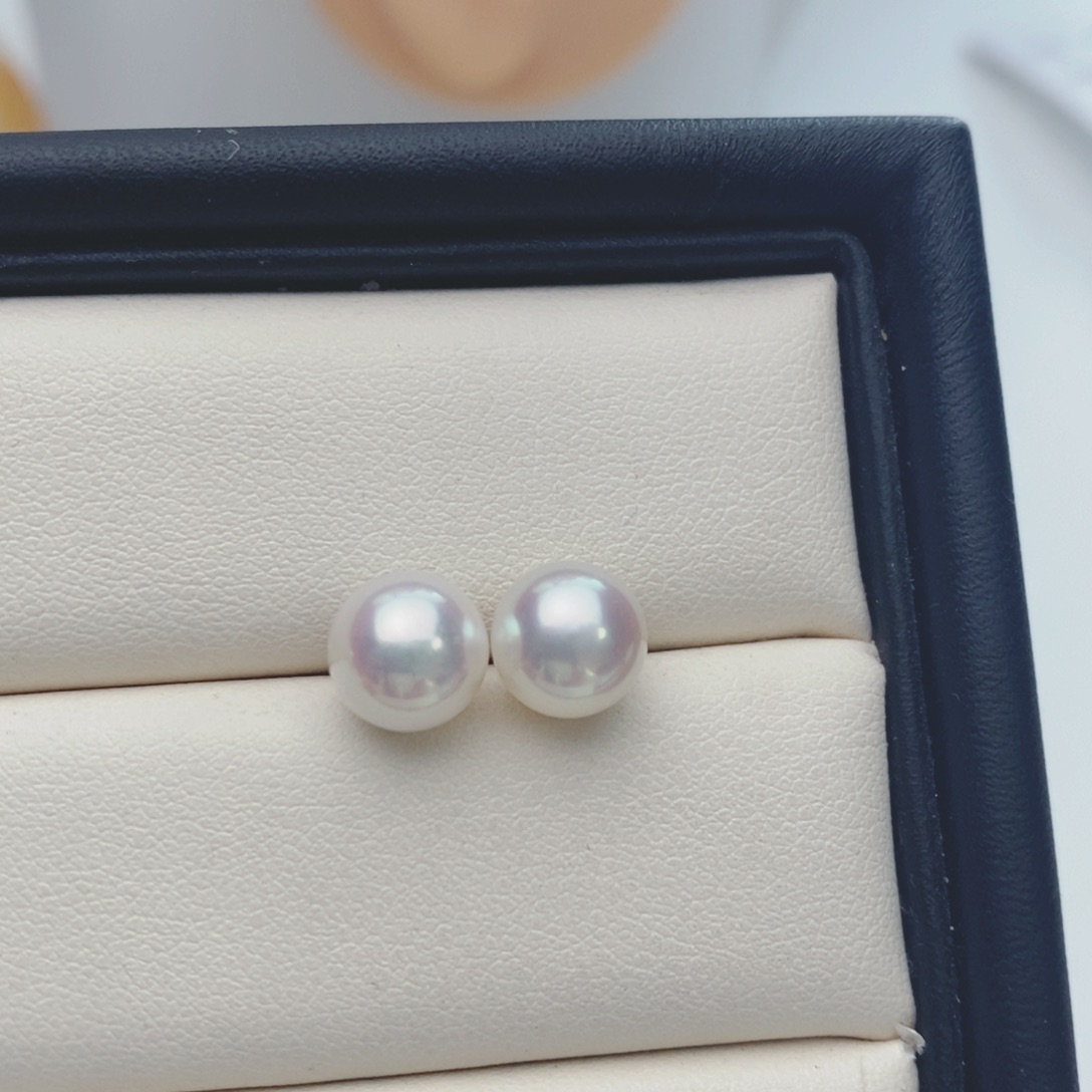 海水珍珠耳饰银S925镶嵌8-8.5mmAkoya耳钉