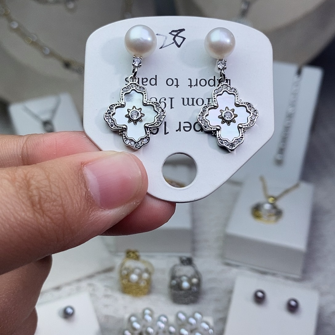 耳饰银S925镶嵌淡水珍珠