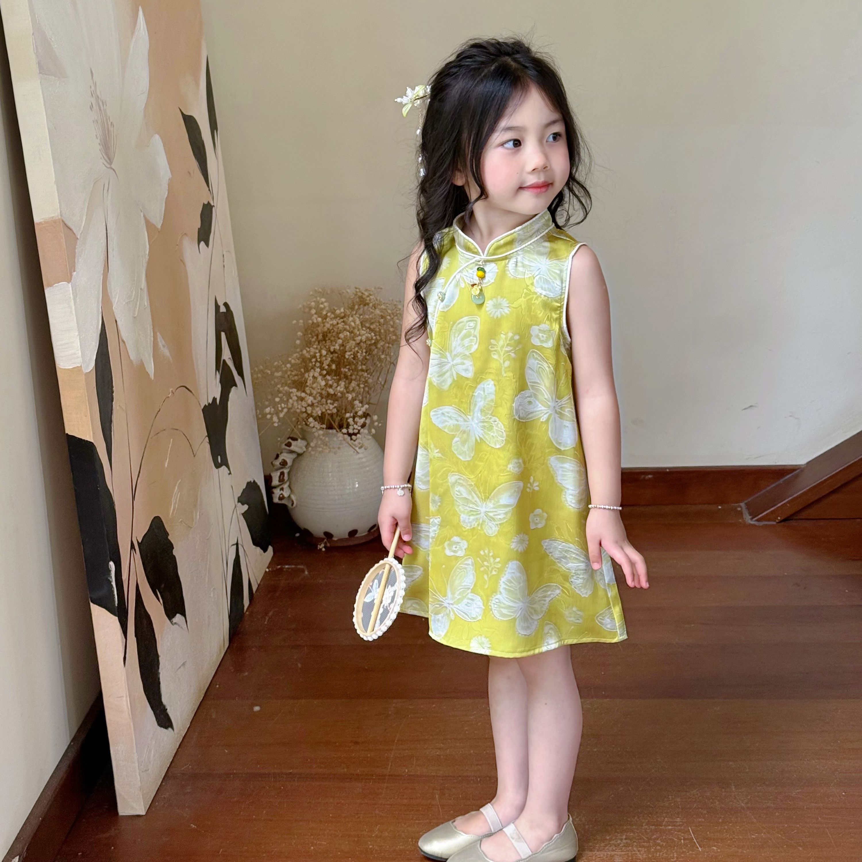 现货）壹妈童装夏季女童薄款无袖背心裙圆领洋气国风黄色旗袍裙