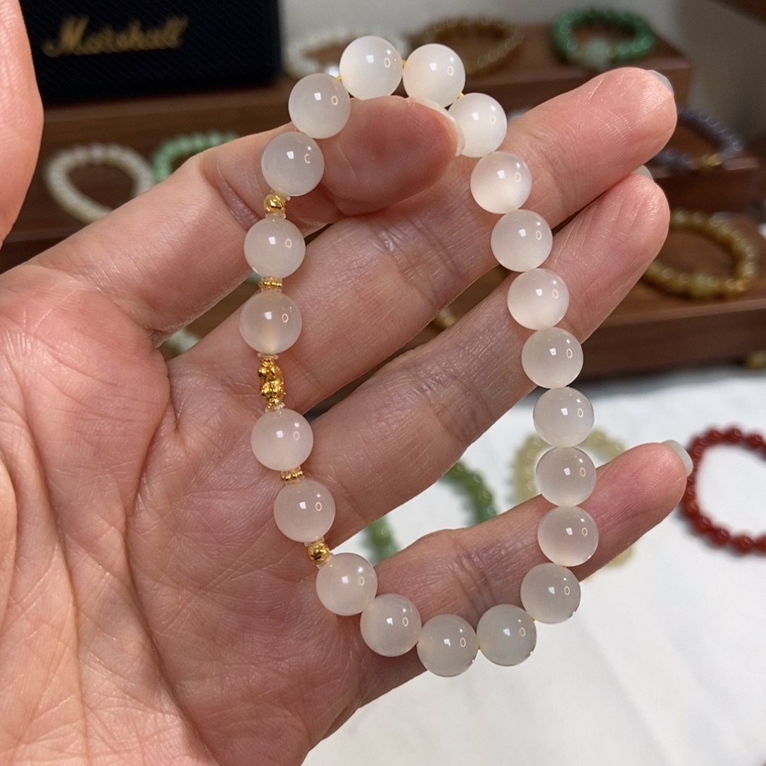 和田玉18K金镶嵌手链蜂蜜水8mm高冰底猫精品