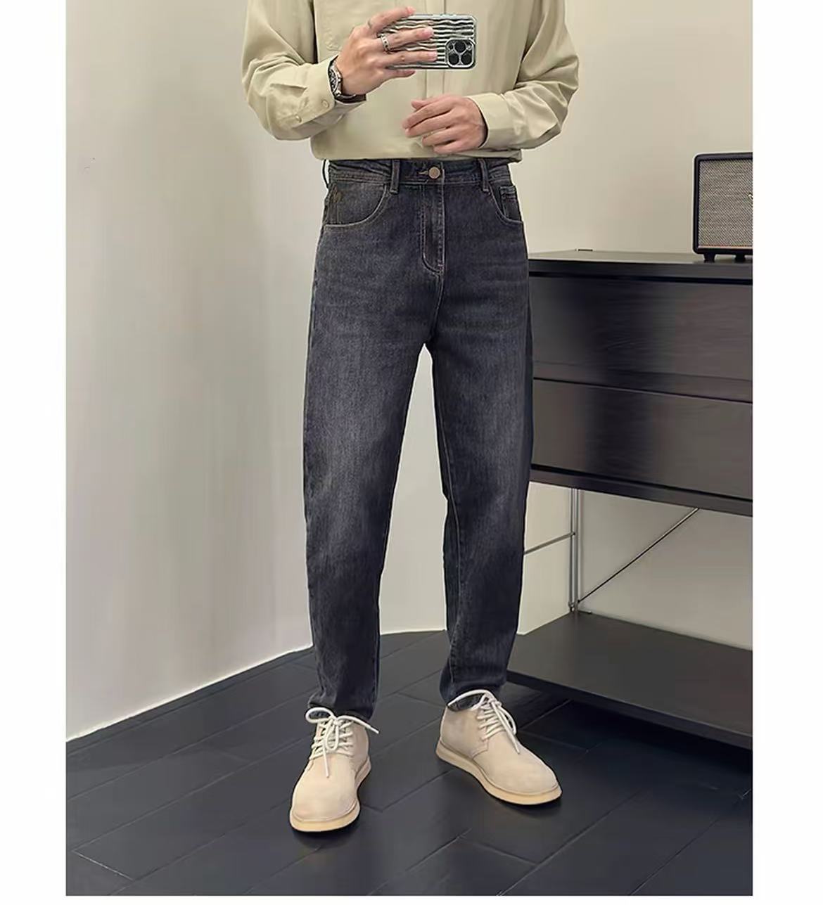 301#腰头字母款男士休闲牛仔裤男轻奢潮流百搭高腰春秋时尚简约