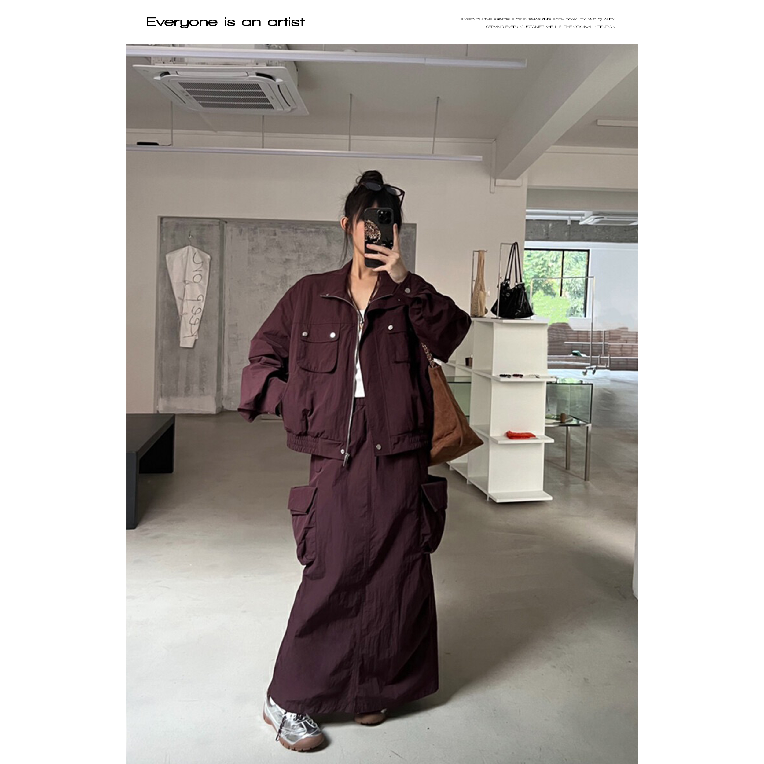 61756-1【套装】双口袋立领短外套+美式复古松紧腰工装半身裙