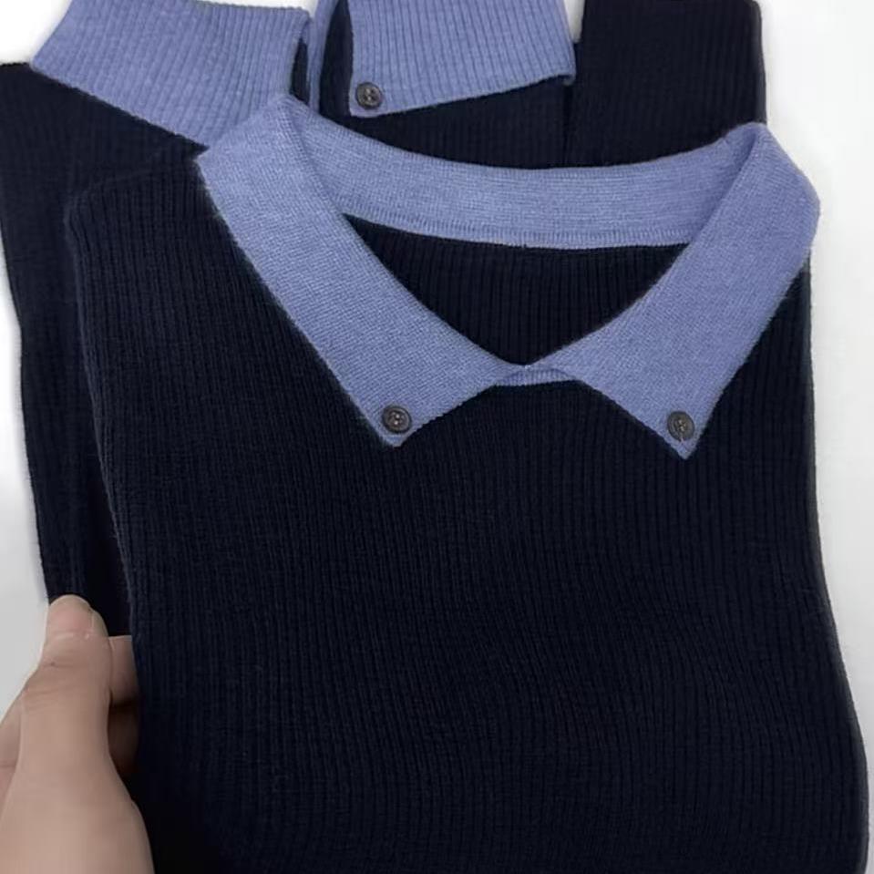 【欧货~拼色POLO领】新款拼色显瘦百搭羊毛针织打底衫