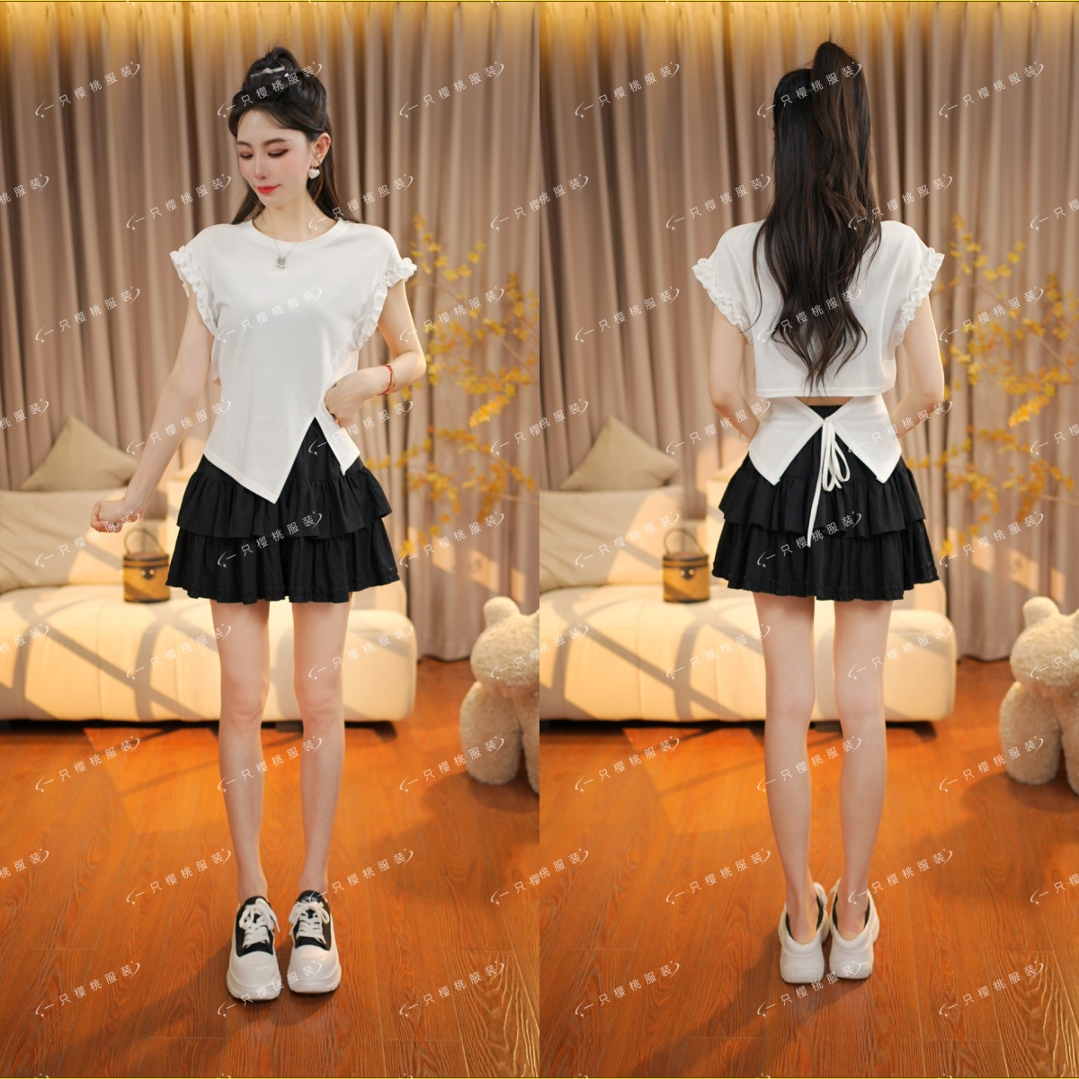 后背系带设计感不规则开叉小飞袖气质减龄短袖上衣