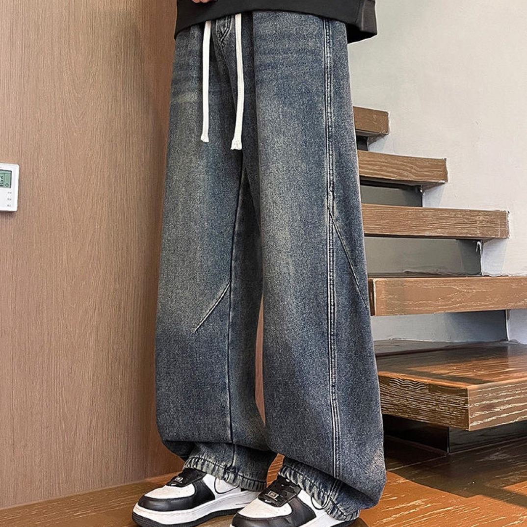 秋冬加绒美式复古宽松直筒牛仔裤