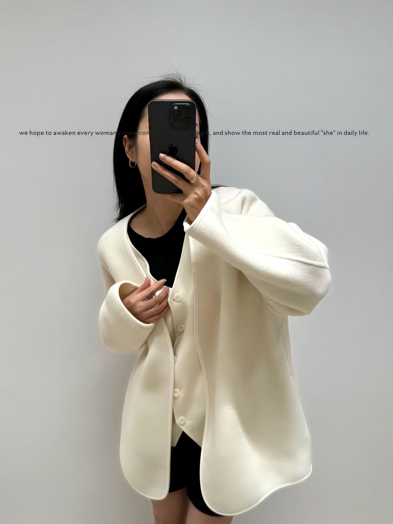 韩版设计师秋冬毛呢外套可拆卸休闲简约V领短款长袖开衫气质