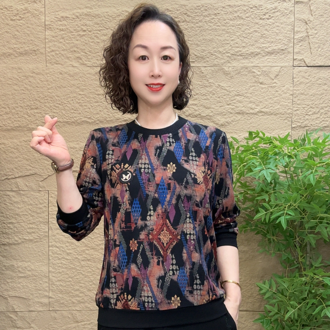 妈妈装时尚漂亮秋季小衫气质减龄宽松中老年圆领弹力休闲百搭上衣