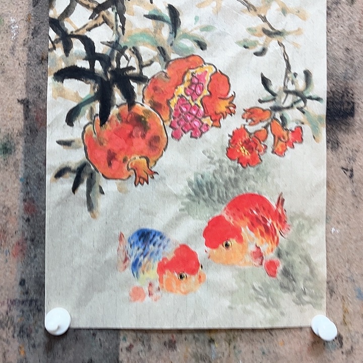 国画欧武绘彩国画金鱼多子多福