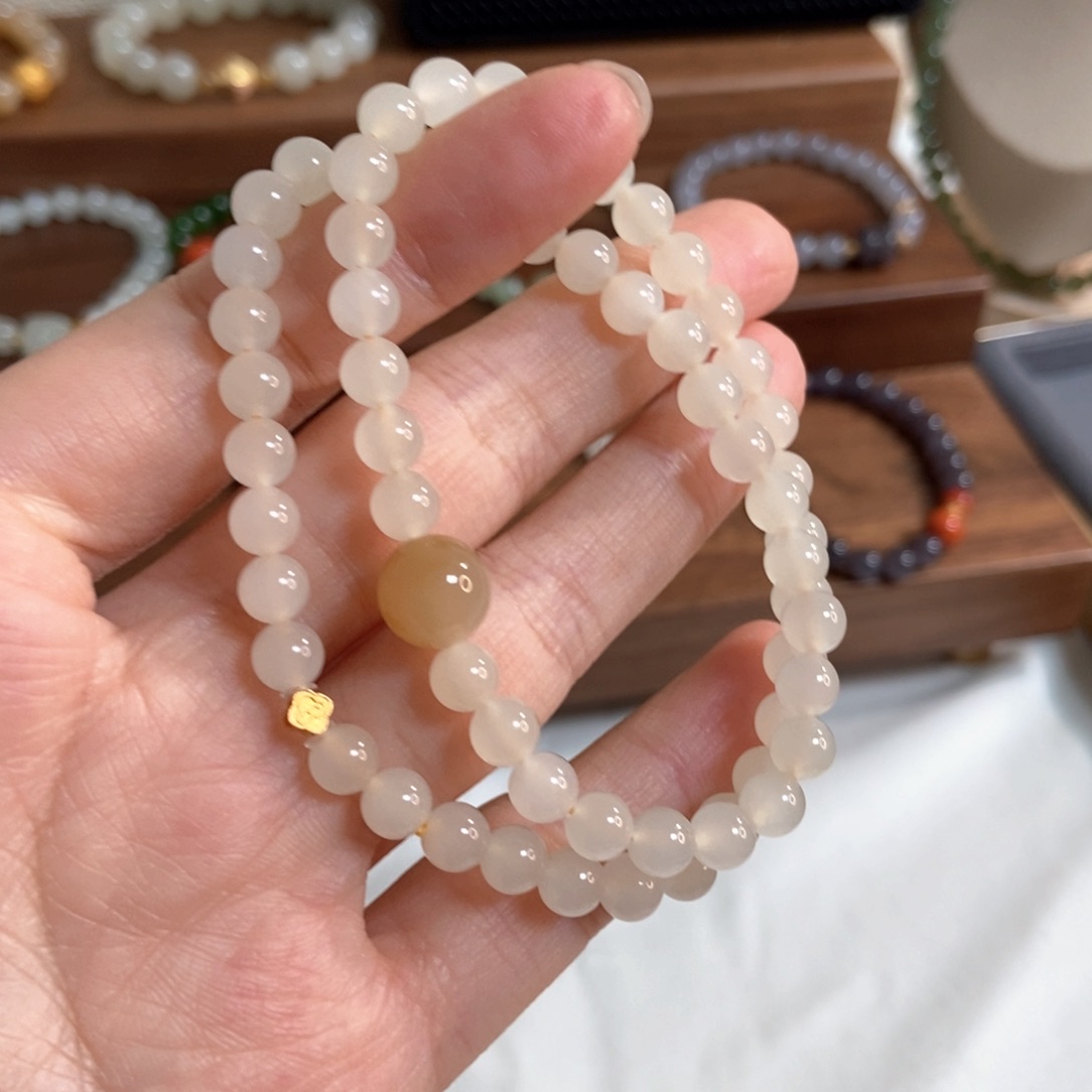 和田玉手链18K金镶嵌6mm冰底蜂蜜水双圈