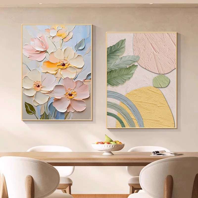 奶油风餐厅装饰画立体感肌理花卉餐桌客厅背景墙壁画沙发饭厅挂画