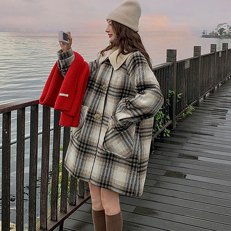 针织翻领格子加棉呢大衣加厚女冬季新款小个子毛呢外套保暖洋气