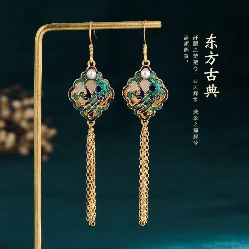 合金耳饰 542中国风复古如意平安锁耳饰汉服旗袍配饰流苏耳环