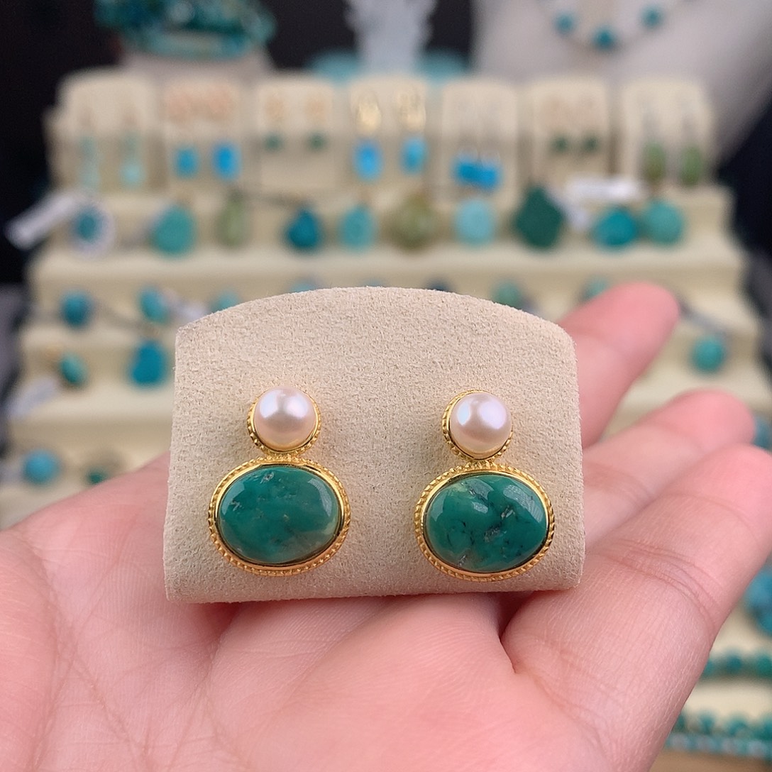 绿松石银S925镶嵌耳饰