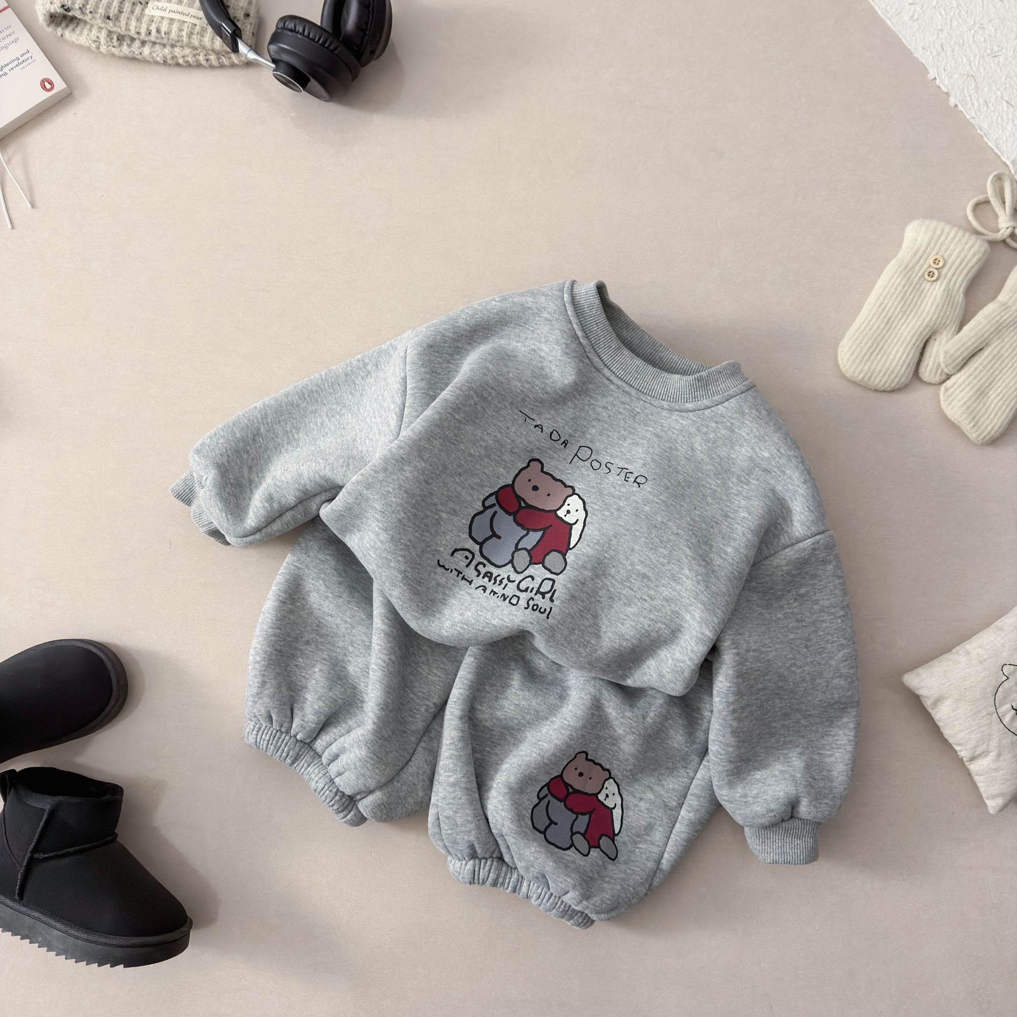 2025冬季新款加绒加厚时尚印花休闲卡通宽松洋气时髦韩版卫衣套装