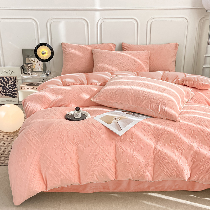 9D立体雕花纯色保暖牛奶绒四件套秋冬加厚双面被套床裙床上用品