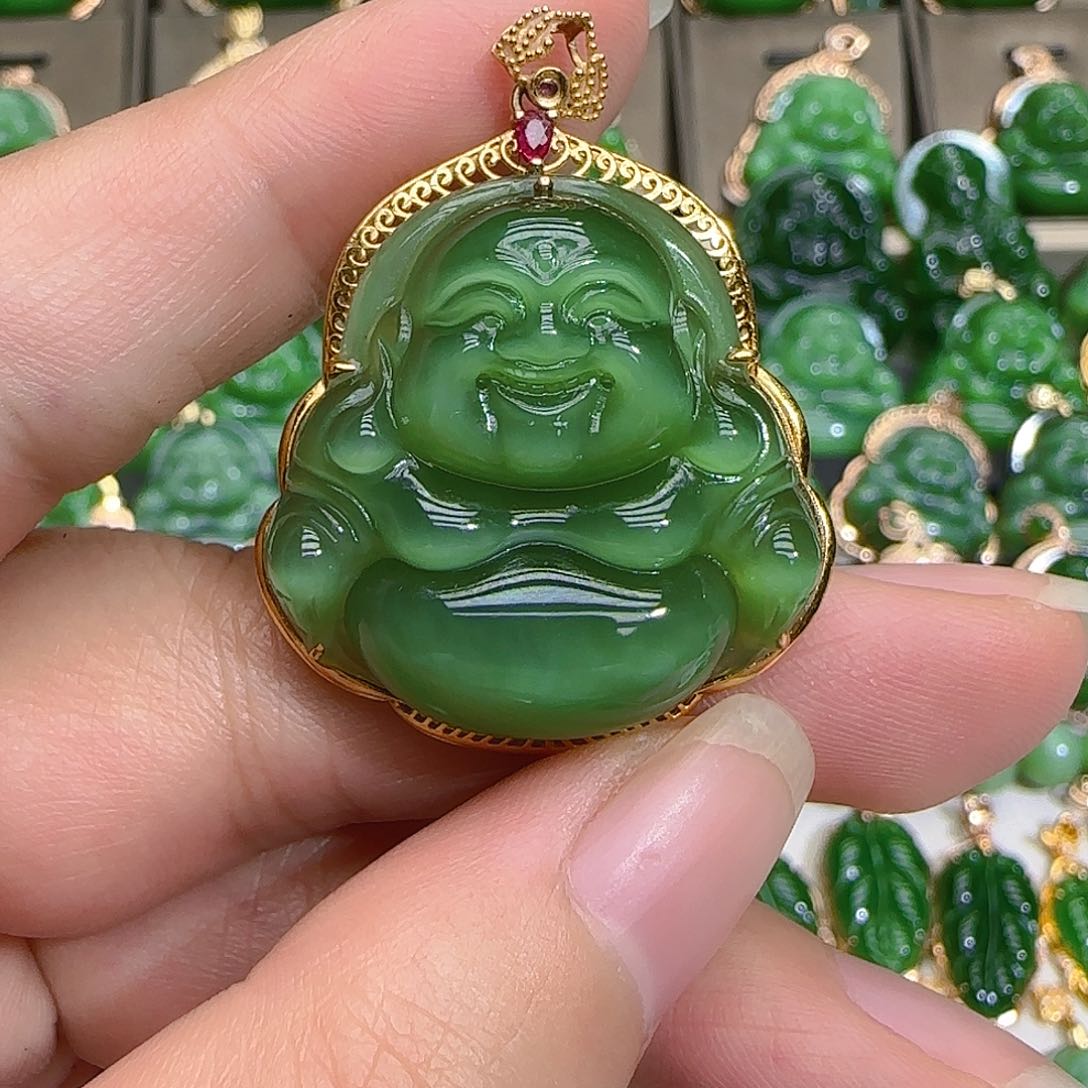 和田玉（碧玉）吊坠(不含链)18K金镶嵌