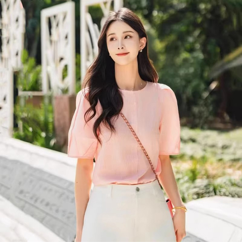 商城同款2025年夏季新款时尚百搭圆领短袖衬衫T恤女上衣1300981