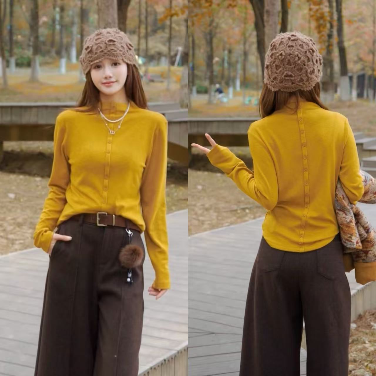 【人闲桂花】时尚百搭显瘦立领正反两穿加厚磨毛T恤上衣T1479