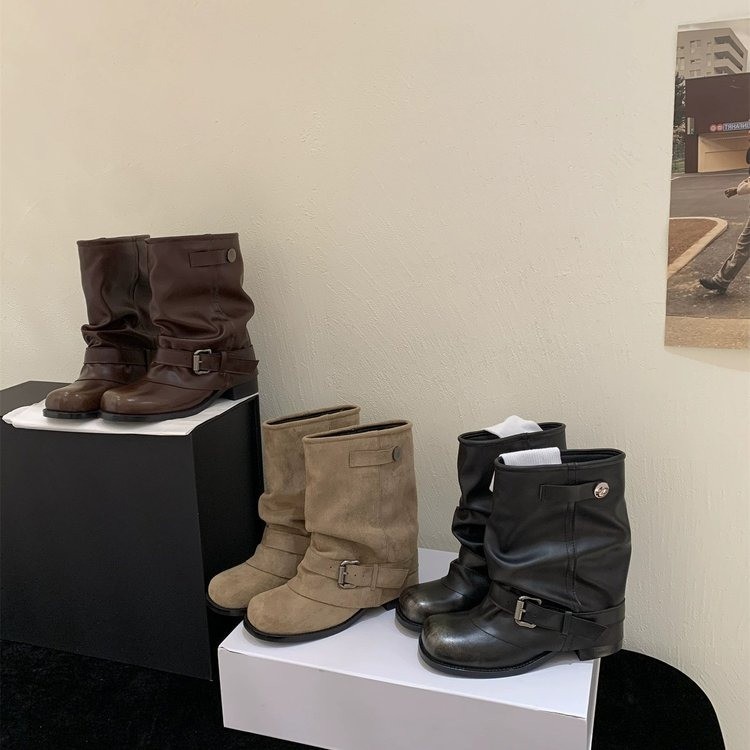 时尚牛仔裤管短靴女子褶皱堆堆靴擦色圆头复古粗跟骑士马丁靴增高