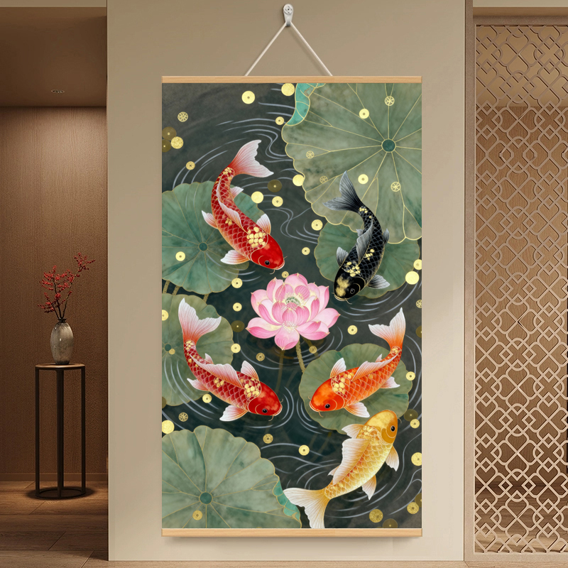 【70x120 高级书法绒布】荷塘锦鲤挂画客厅挂画