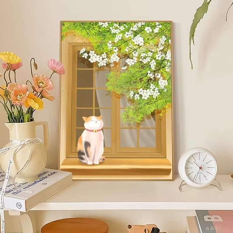现代简约卡通窗前猫咪可爱治愈小清新小众装饰画餐厅卧室挂画Q05