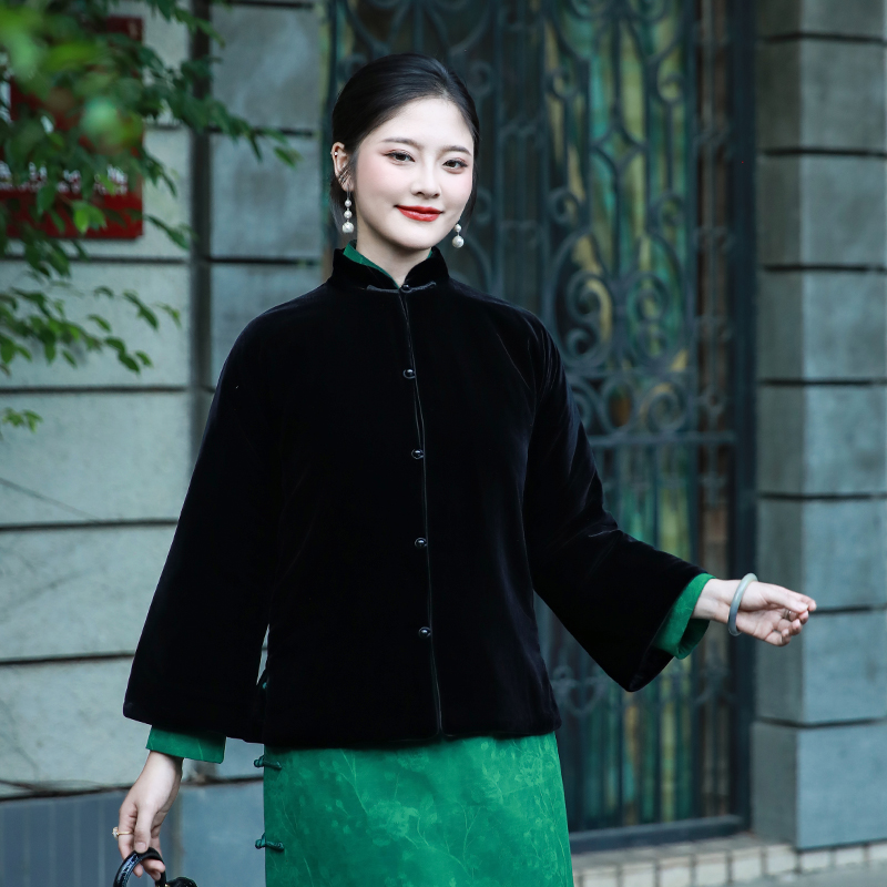 三重门浮生月复古真丝丝绒中式对襟外套百搭夹棉保暖秋冬中国风女