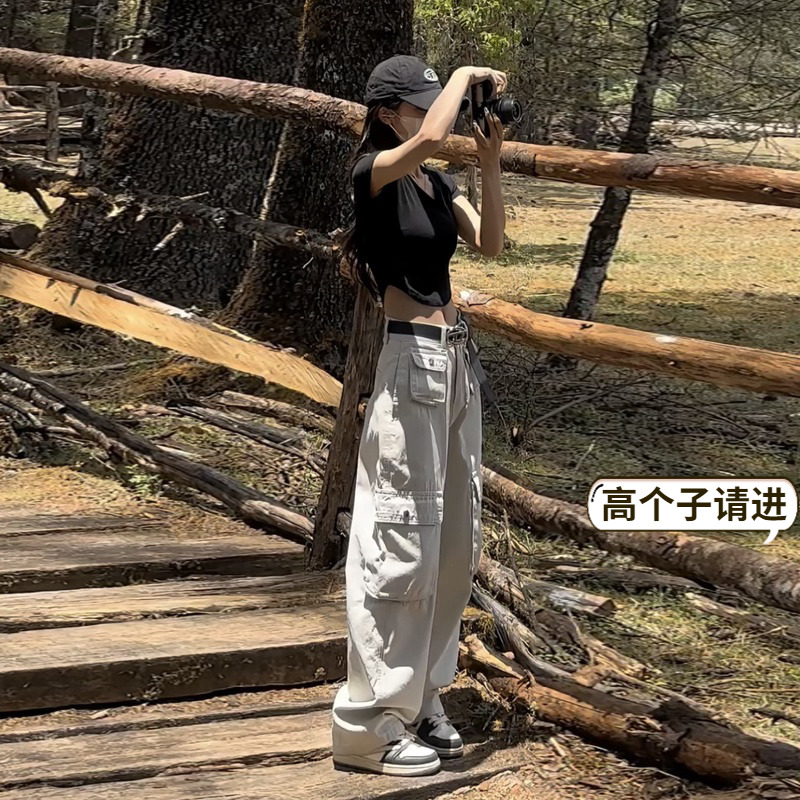 175高个子加长工装阔腿裤女高腰美式小众高街多口袋超长拖地裤子