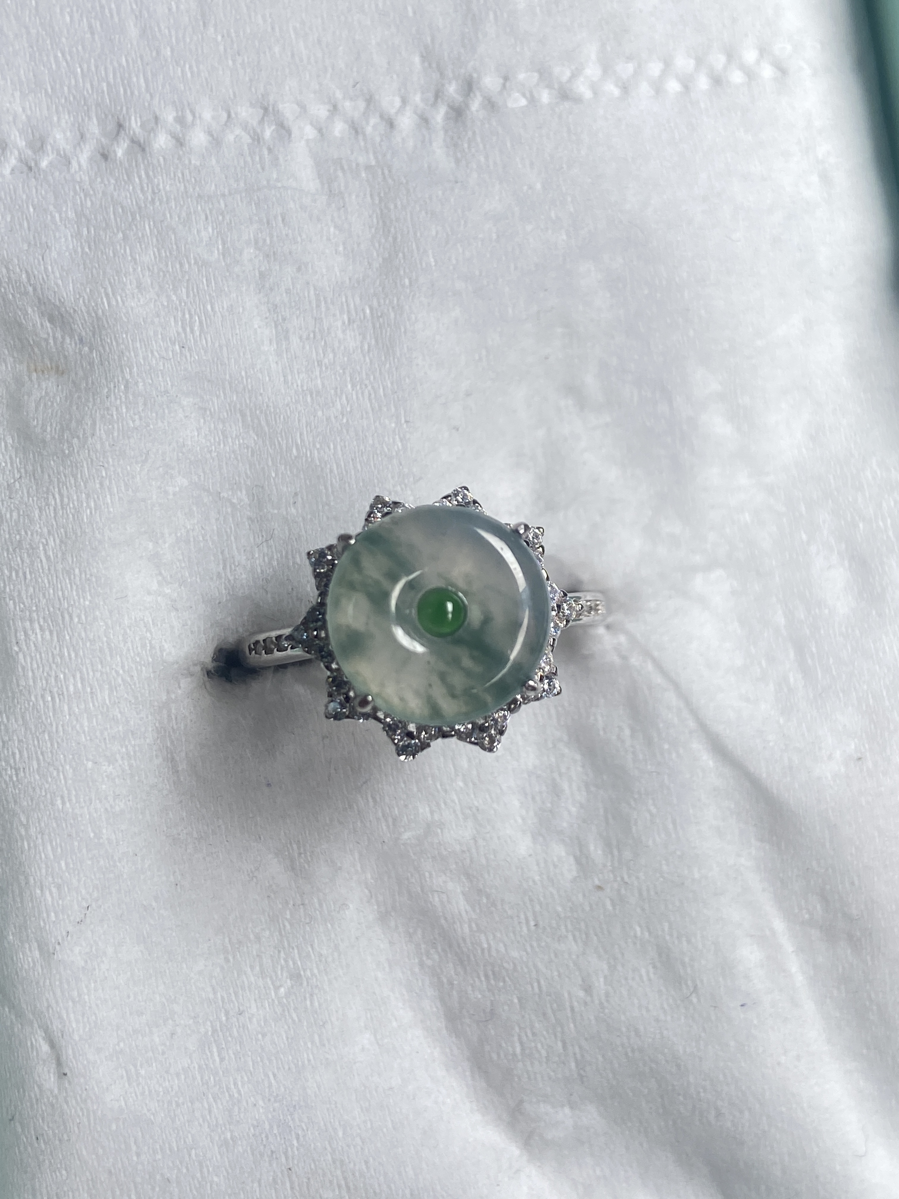 天然缅甸翡翠A货925银镶嵌冰飘花平安扣戒指