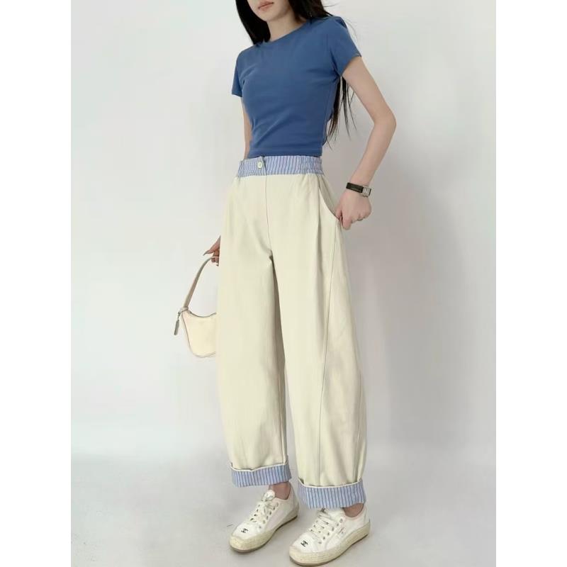 XY-【韩国原单】韩系可挽边酵洗直筒拼接香蕉裤百搭工装裤女CS-1256