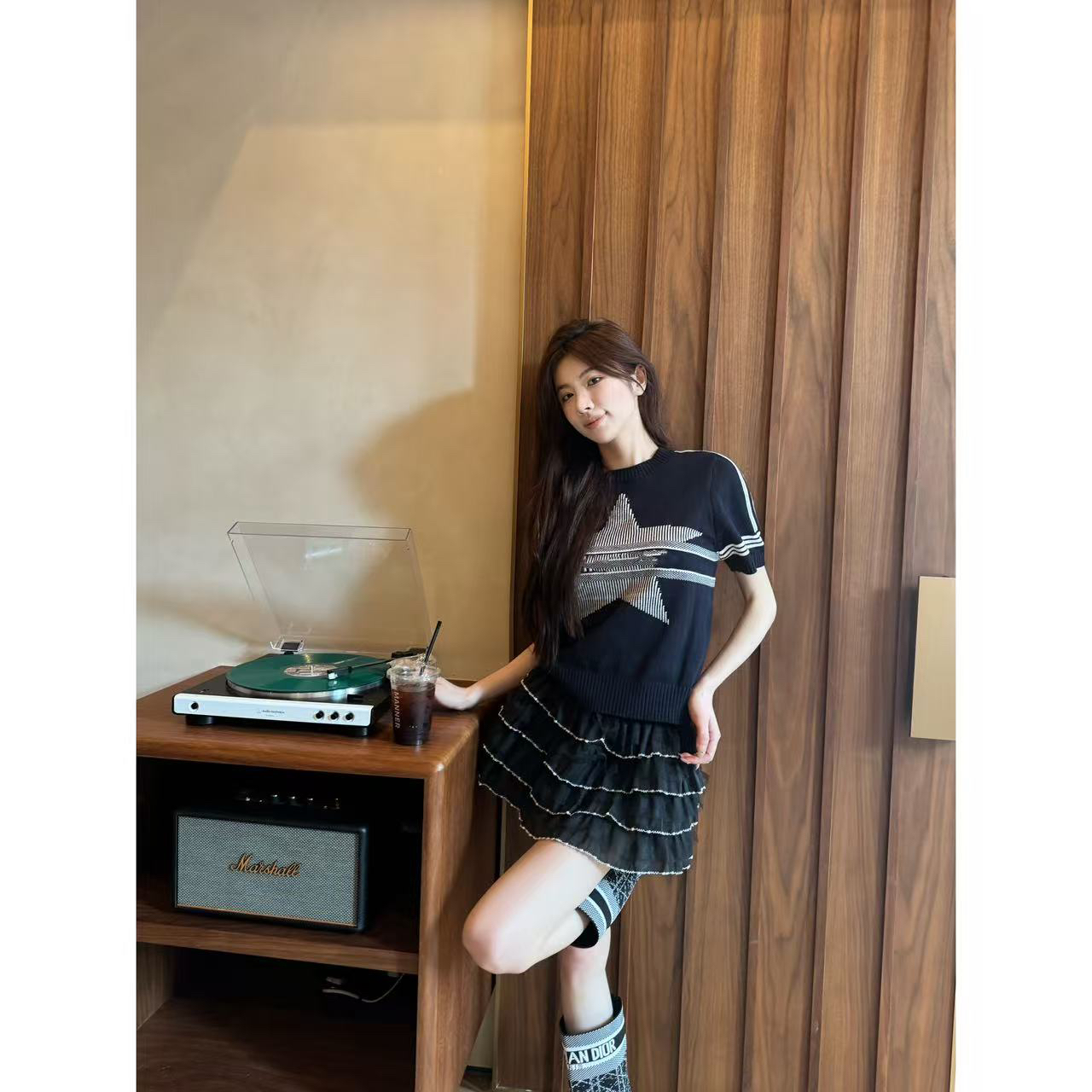 【Cikky定制】五角星提花毛衣女纯欲撞色显瘦小众短袖上衣