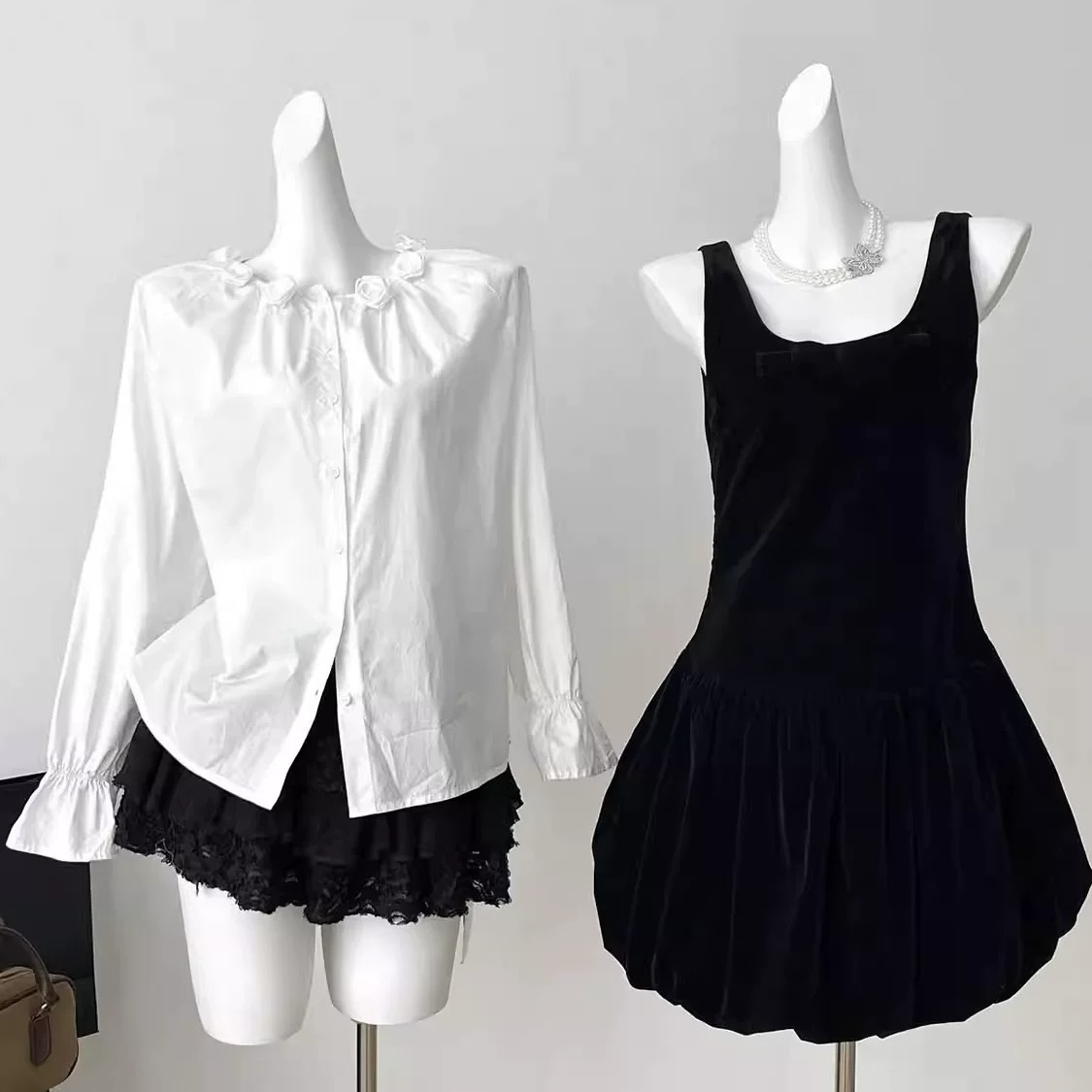 一只卷毛熊森系复古气质公主白色泡泡袖甜美连衣裙