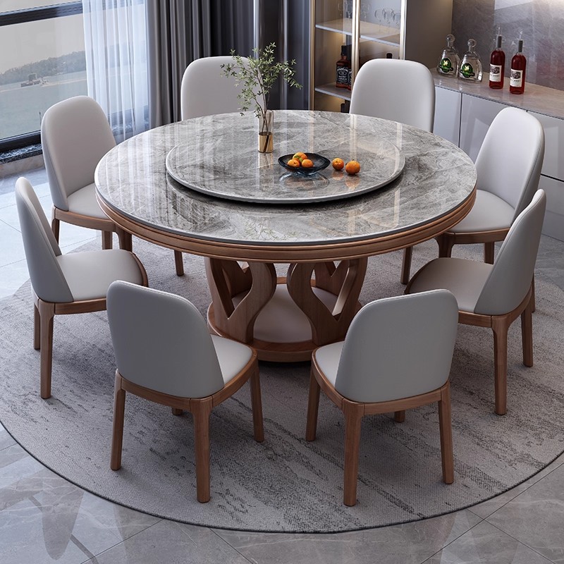 高端岩板餐桌椅组合现代简约小户型家用轻奢圆形带转盘实木大圆桌