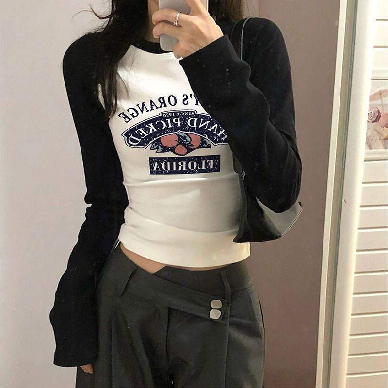 美式复古慵懒风辣妹短款圆领t恤长袖新款甜辣白拼黑修身显瘦上衣