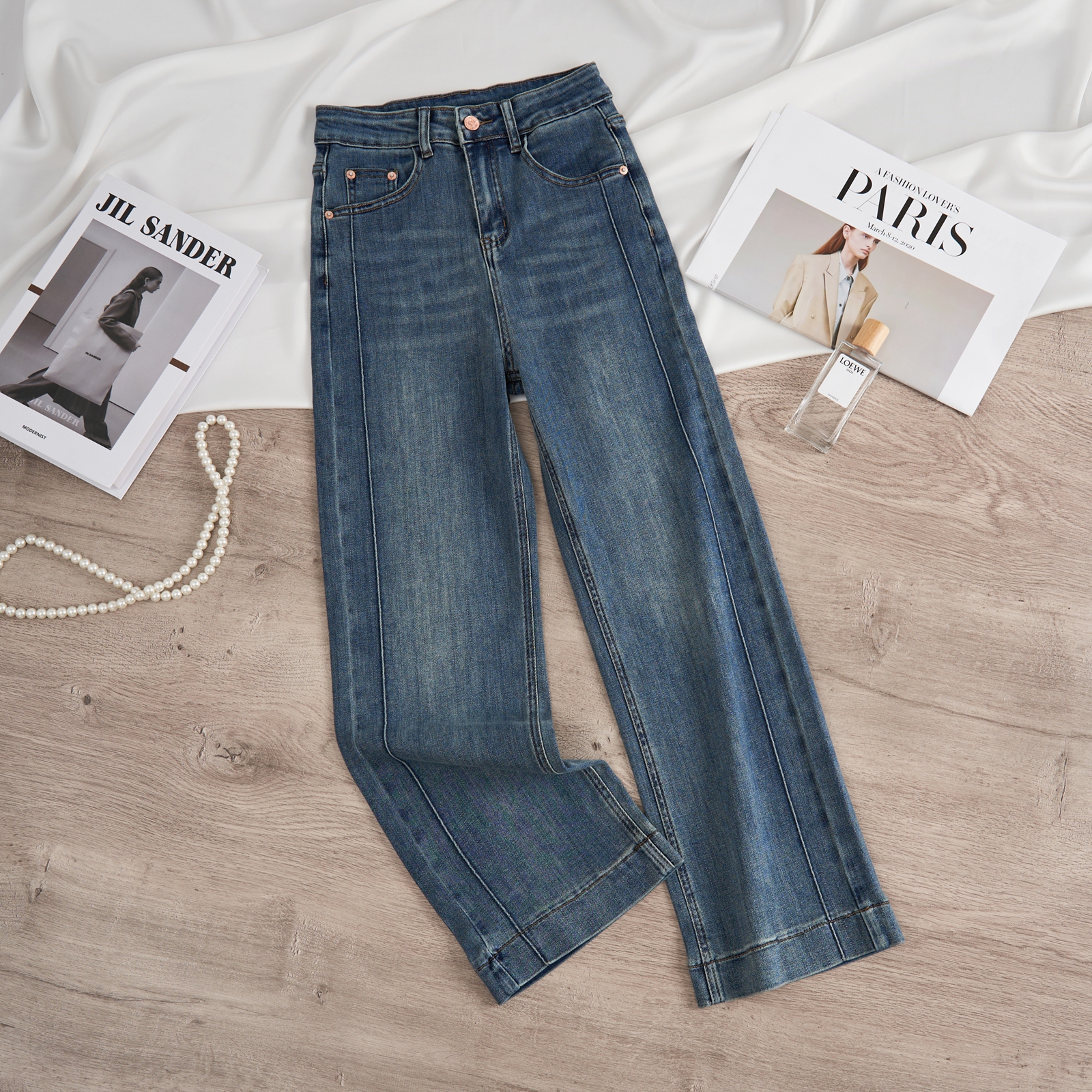 【弹力+运费险】秋季显瘦高腰直筒时尚弹力显瘦牛仔裤女百搭蓝色