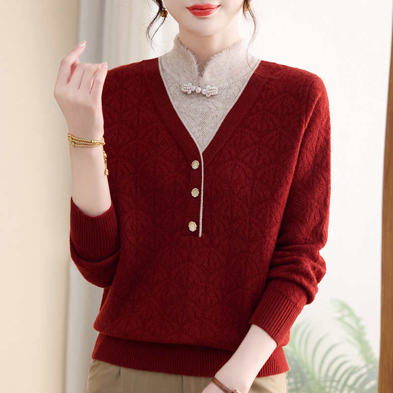 【一体绒】纯色纽扣半高领厚款适中宽松型旗袍领中老年女装#25206