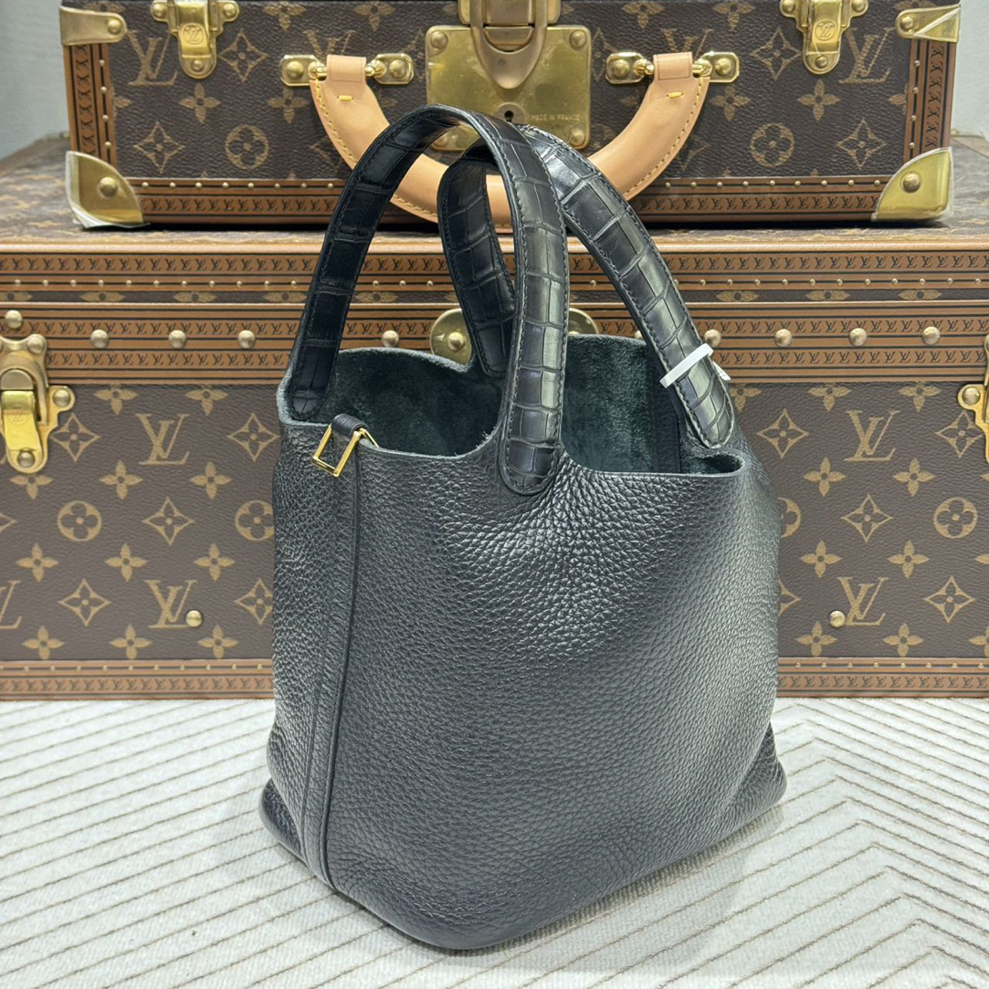 95新 Hermes/爱马仕 菜篮子18黑金touch手提包z刻