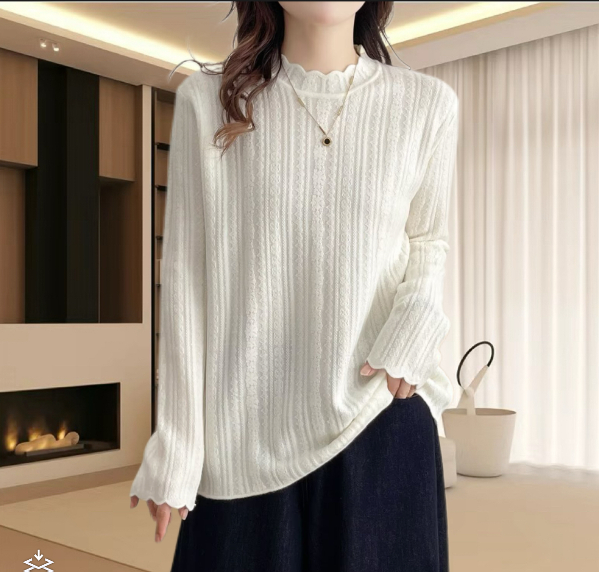 秋冬软针织大码法式花边镂空针织打底外穿时尚洋气显瘦打底衫