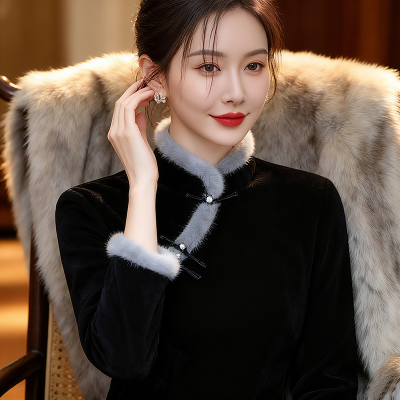 秋冬旗袍2025新款高端修身气质长袖日常黑色加厚连衣裙冬季中国风