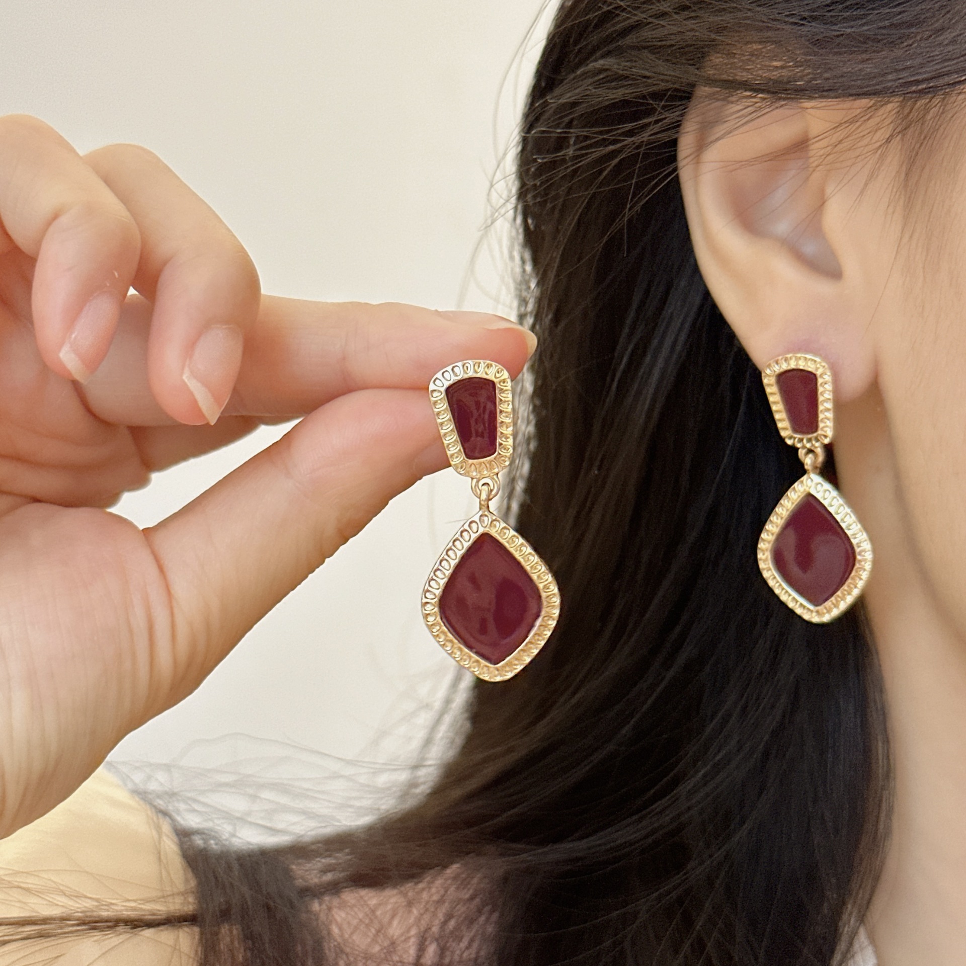 合金耳饰 F648法式红色菱形