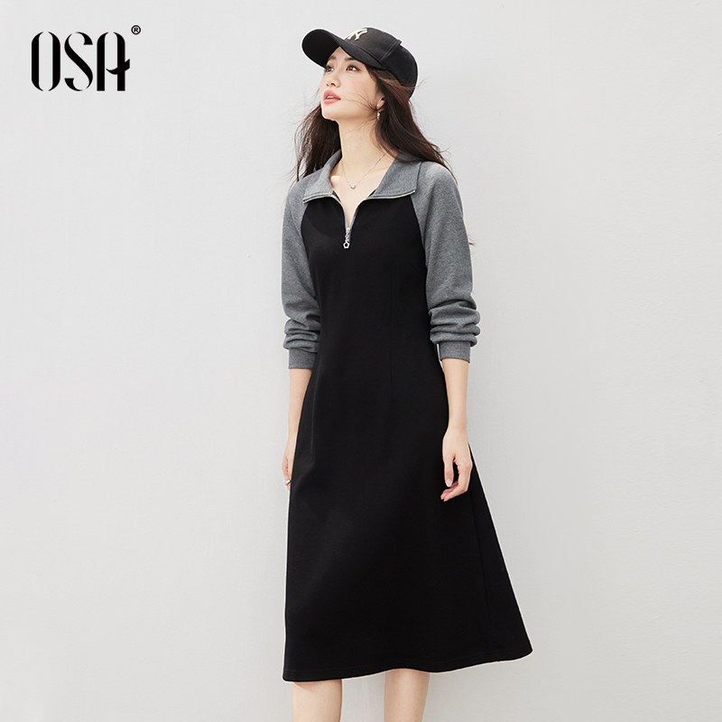 OSA撞色翻领休闲连衣裙女秋季慵懒感收腰显瘦长裙子S125C13005