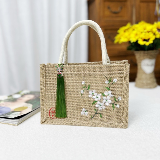 原创花绘收纳包古朴文艺黄麻包内置防水隔层配禅意风复古文艺女包